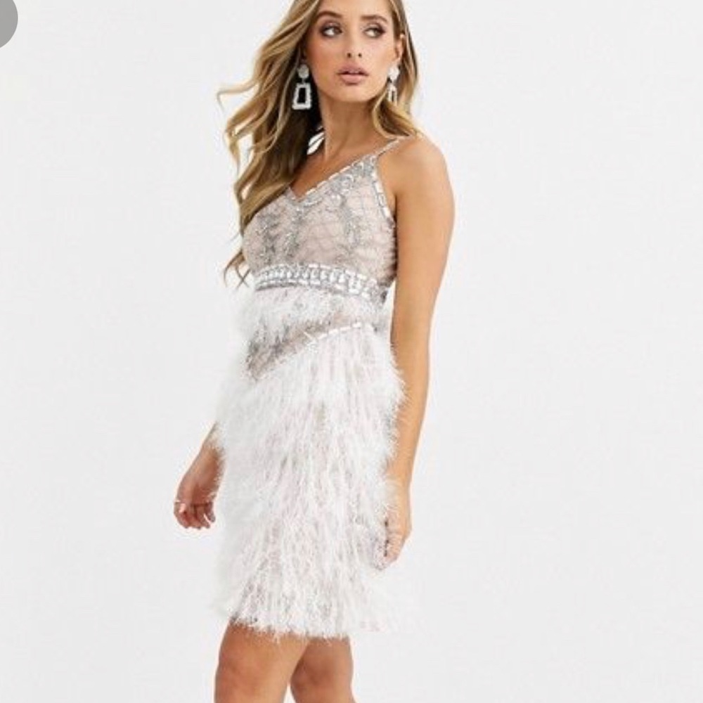Starlet strappy embellished faux feather mini dress - White- size 4- ASOS